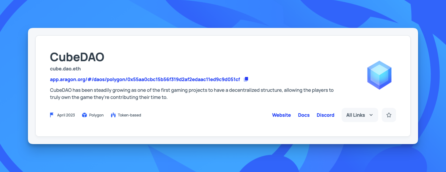 Example from the Aragon App: CubeDAO